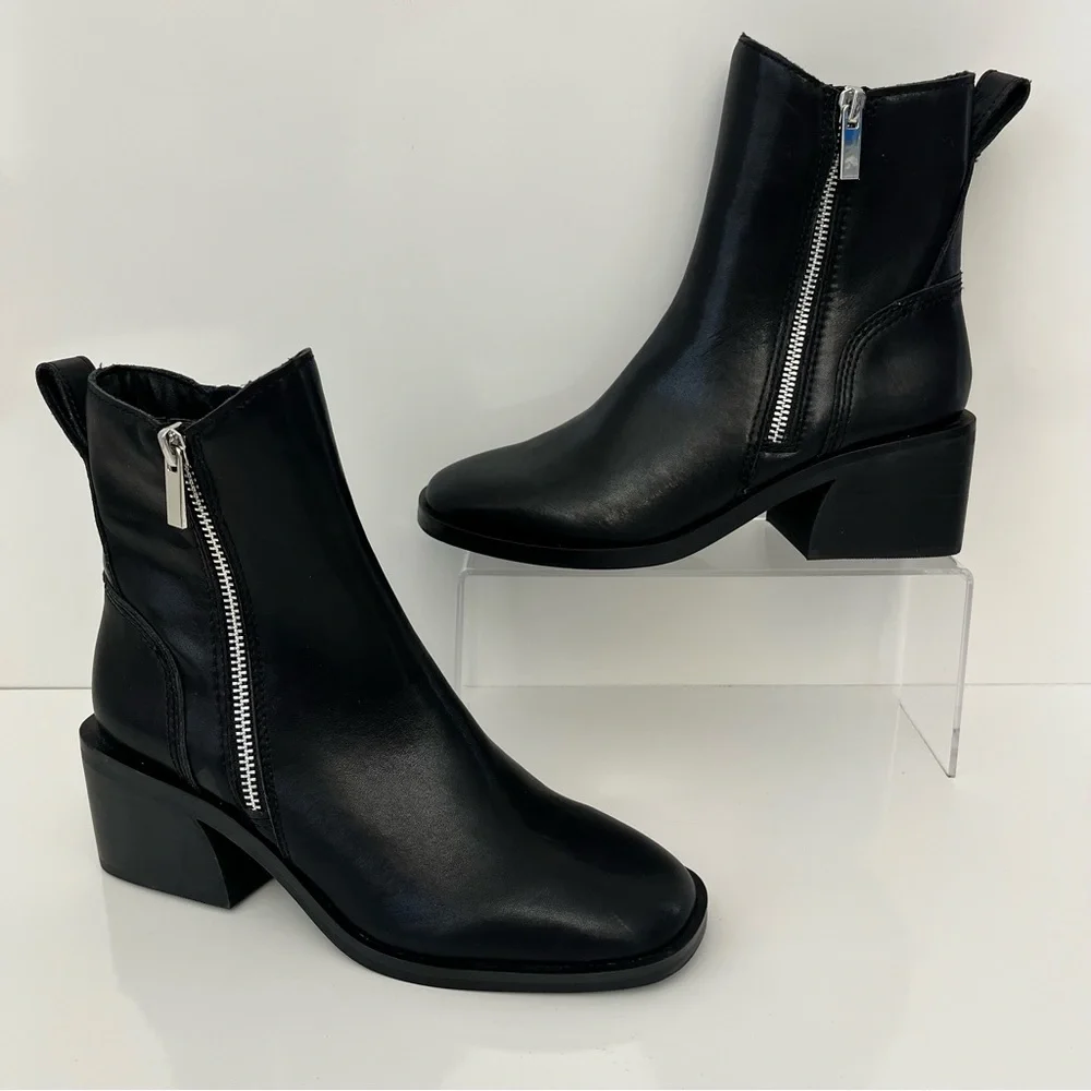 STEVE MADDEN Ruthy Block Heel Leather Boots in Black NEW - Picture 3 of 13